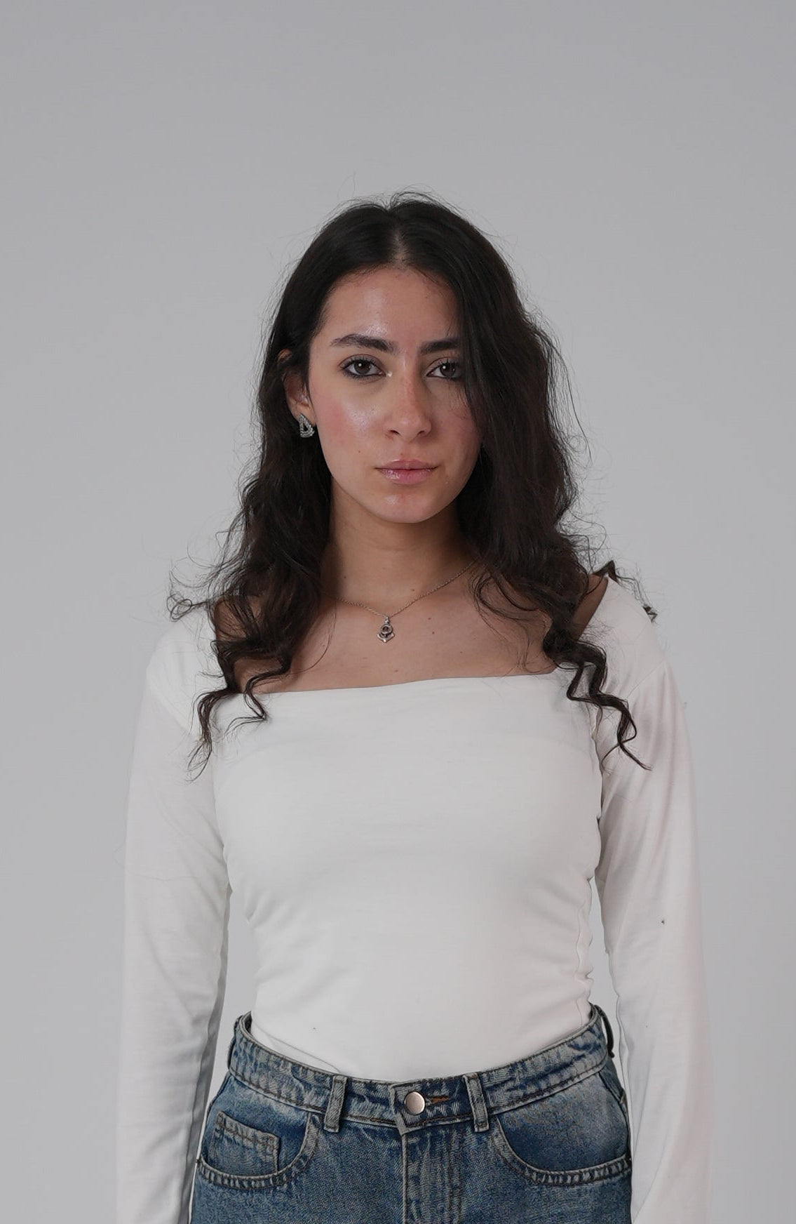 Cotton White Square Neck Long-Sleeve