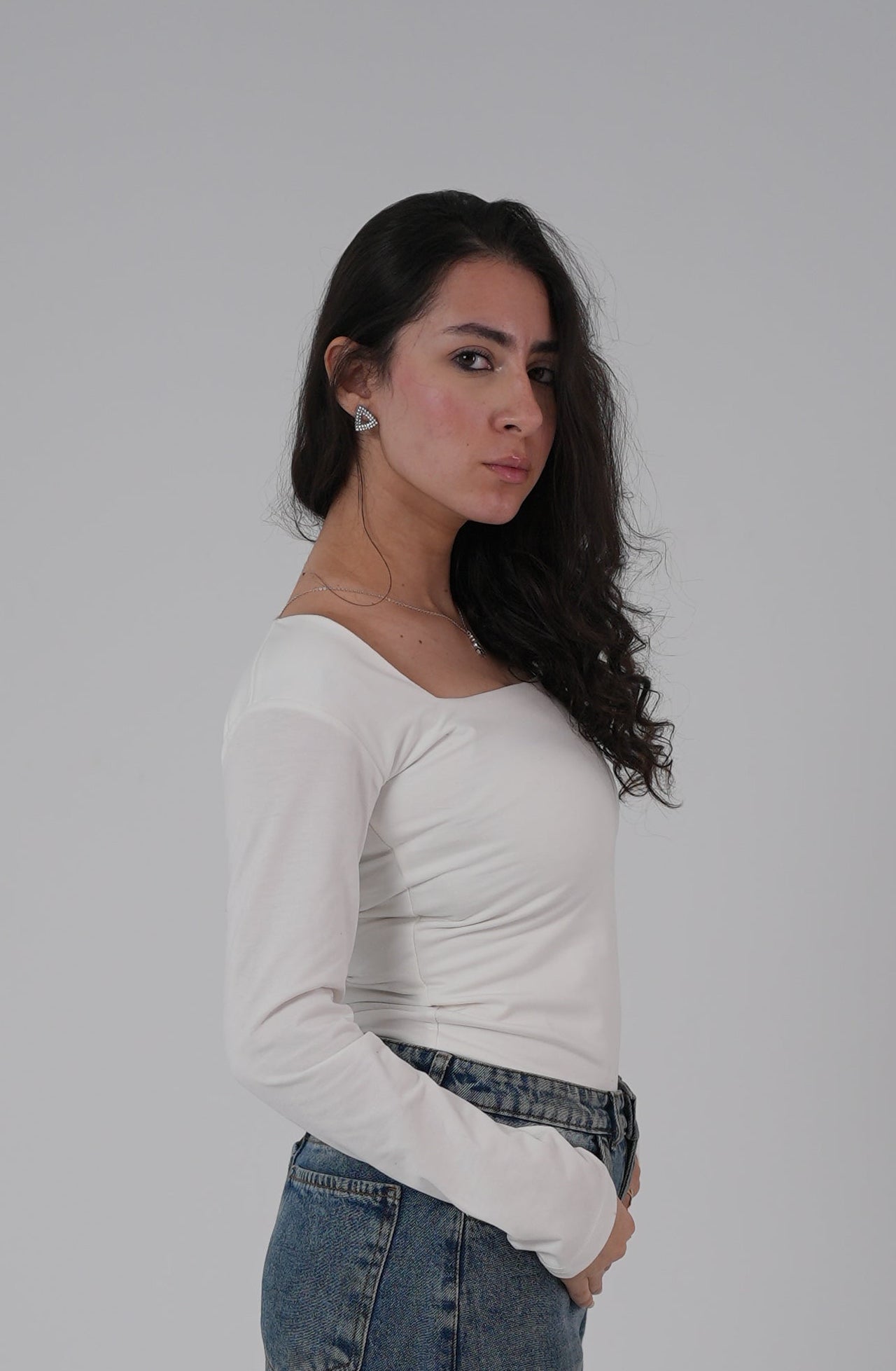 Cotton White Square Neck Long-Sleeve