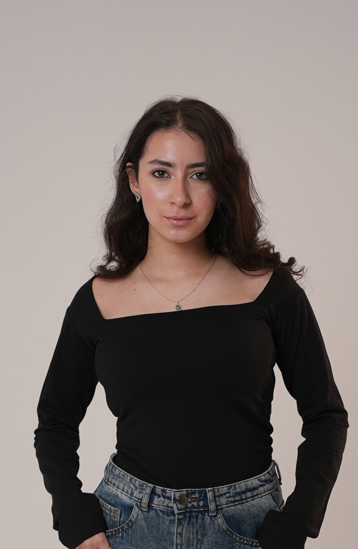 Cotton Black Square Neck Long-Sleeve