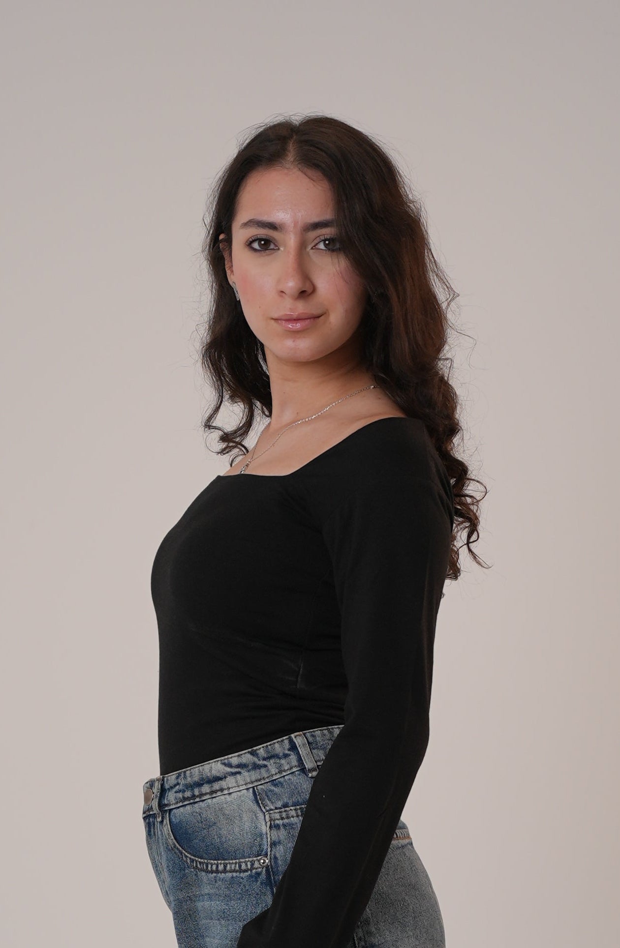 Cotton Black Square Neck Long-Sleeve