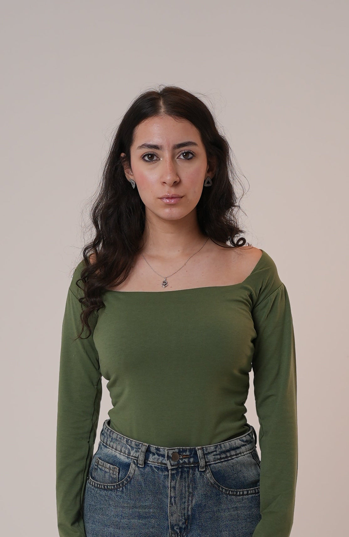 Cotton Dark Olive Square Neck Long-Sleeve