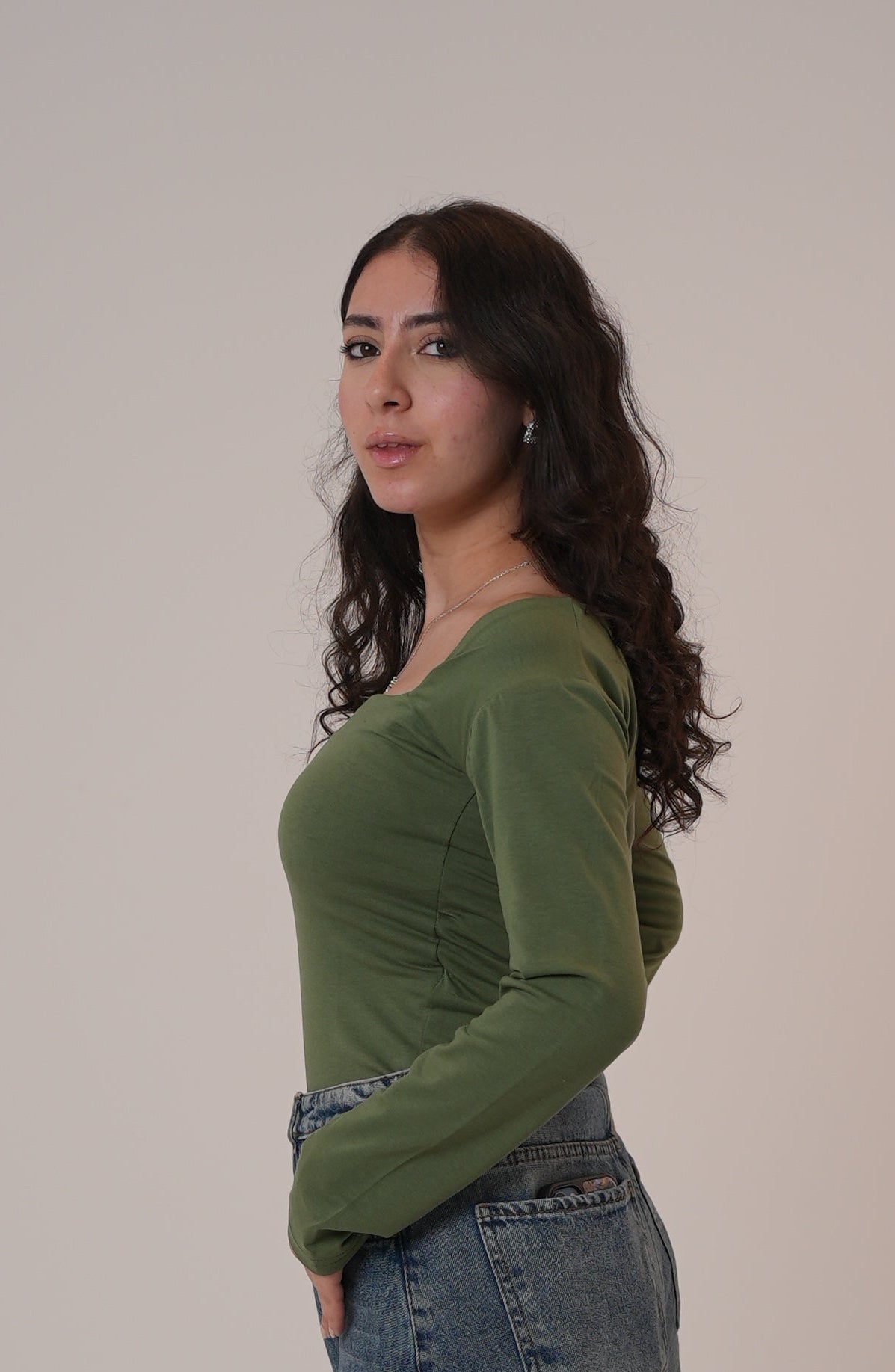 Cotton Dark Olive Square Neck Long-Sleeve