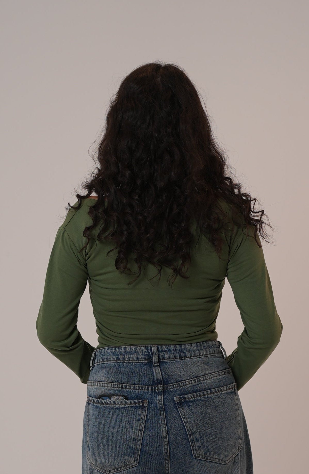 Cotton Dark Olive Square Neck Long-Sleeve