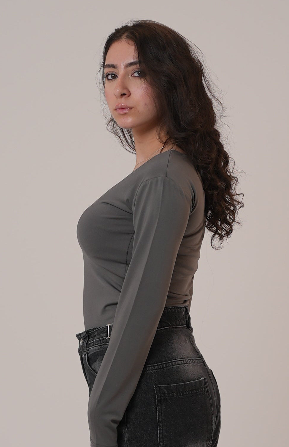 Dark Grey Wide Neck Long Sleeve