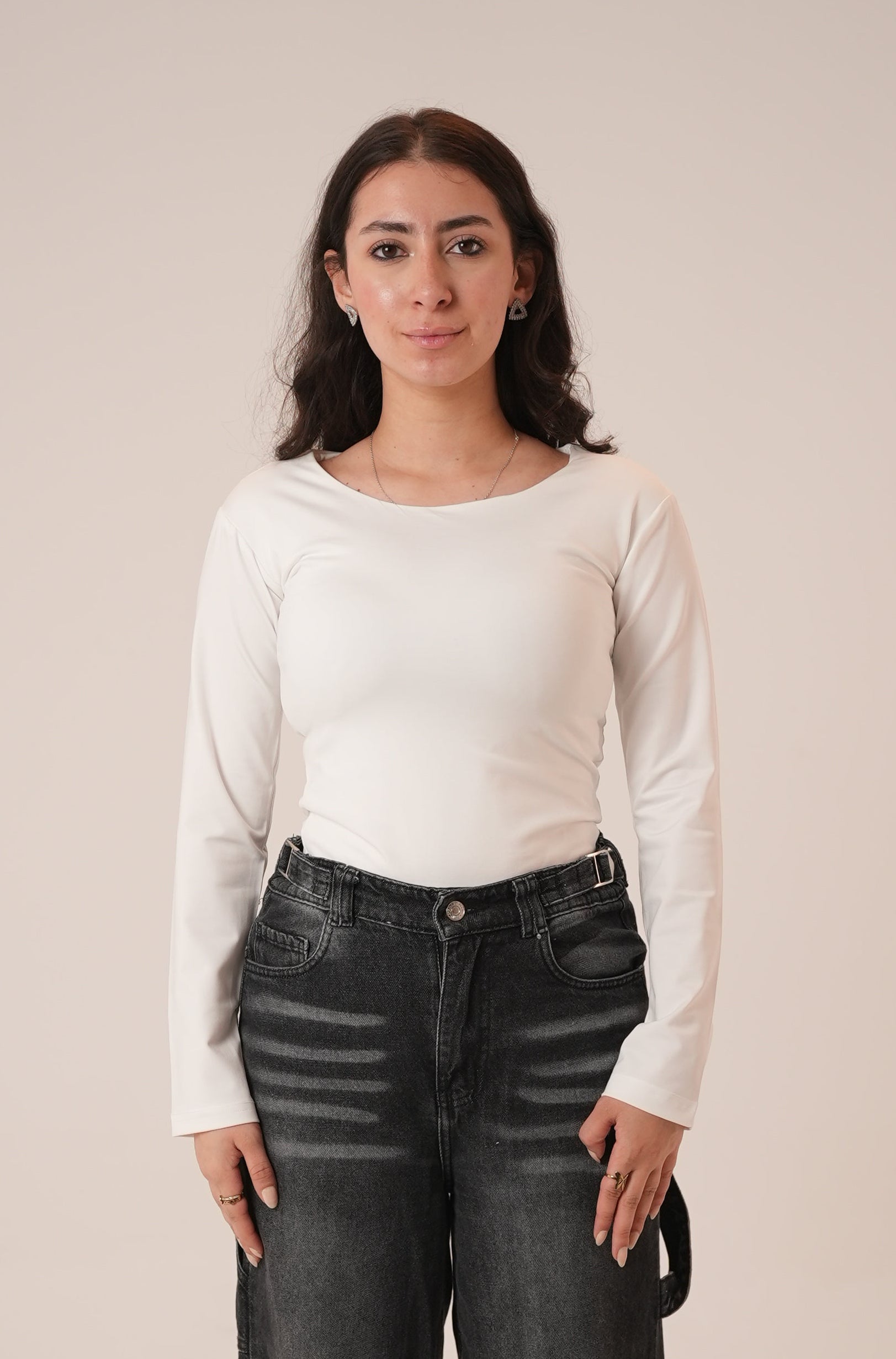 White Wide Neck Long Sleeve