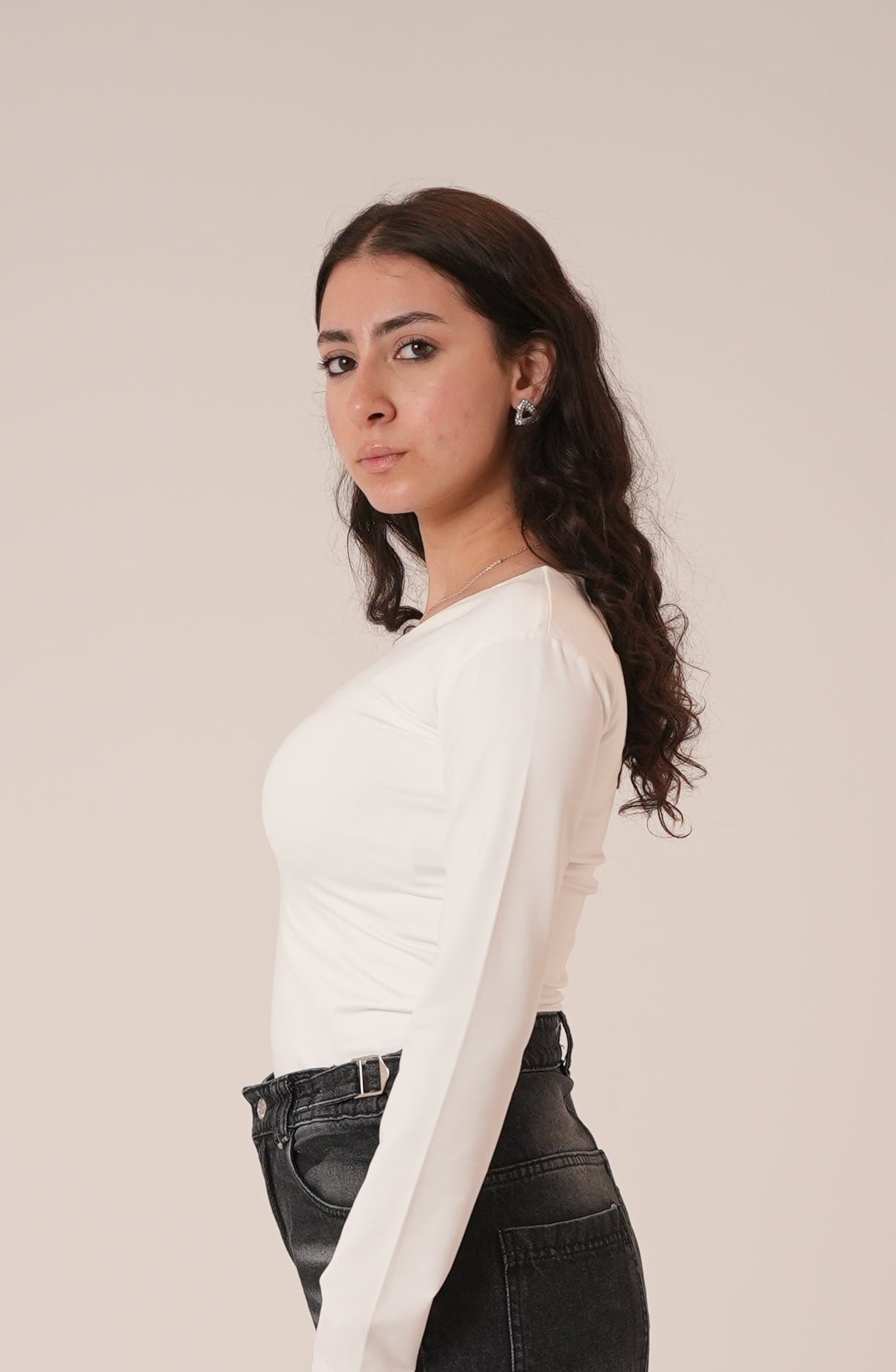 White Wide Neck Long Sleeve