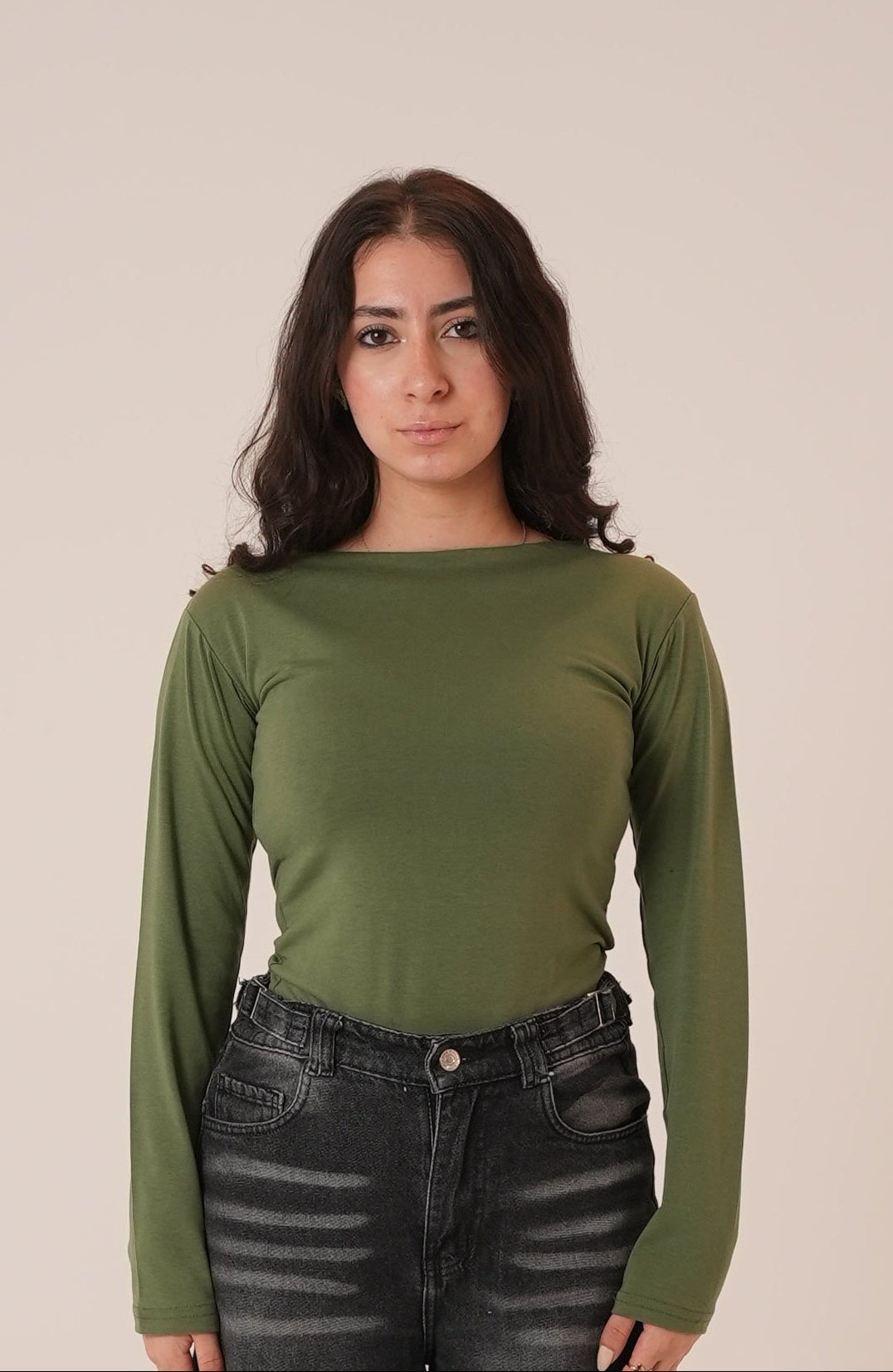 Cotton Dark Olive Round Neck Long Sleeve