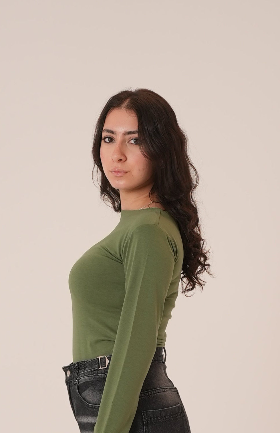 Cotton Dark Olive Round Neck Long Sleeve