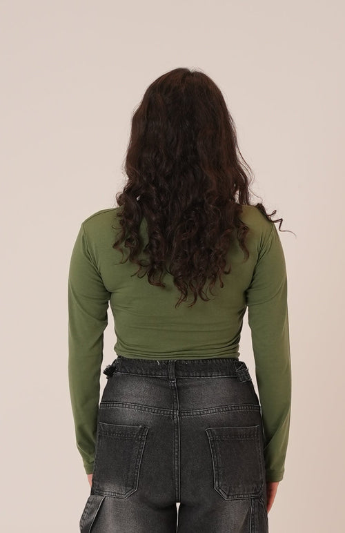 Cotton Dark Olive Round Neck Long Sleeve