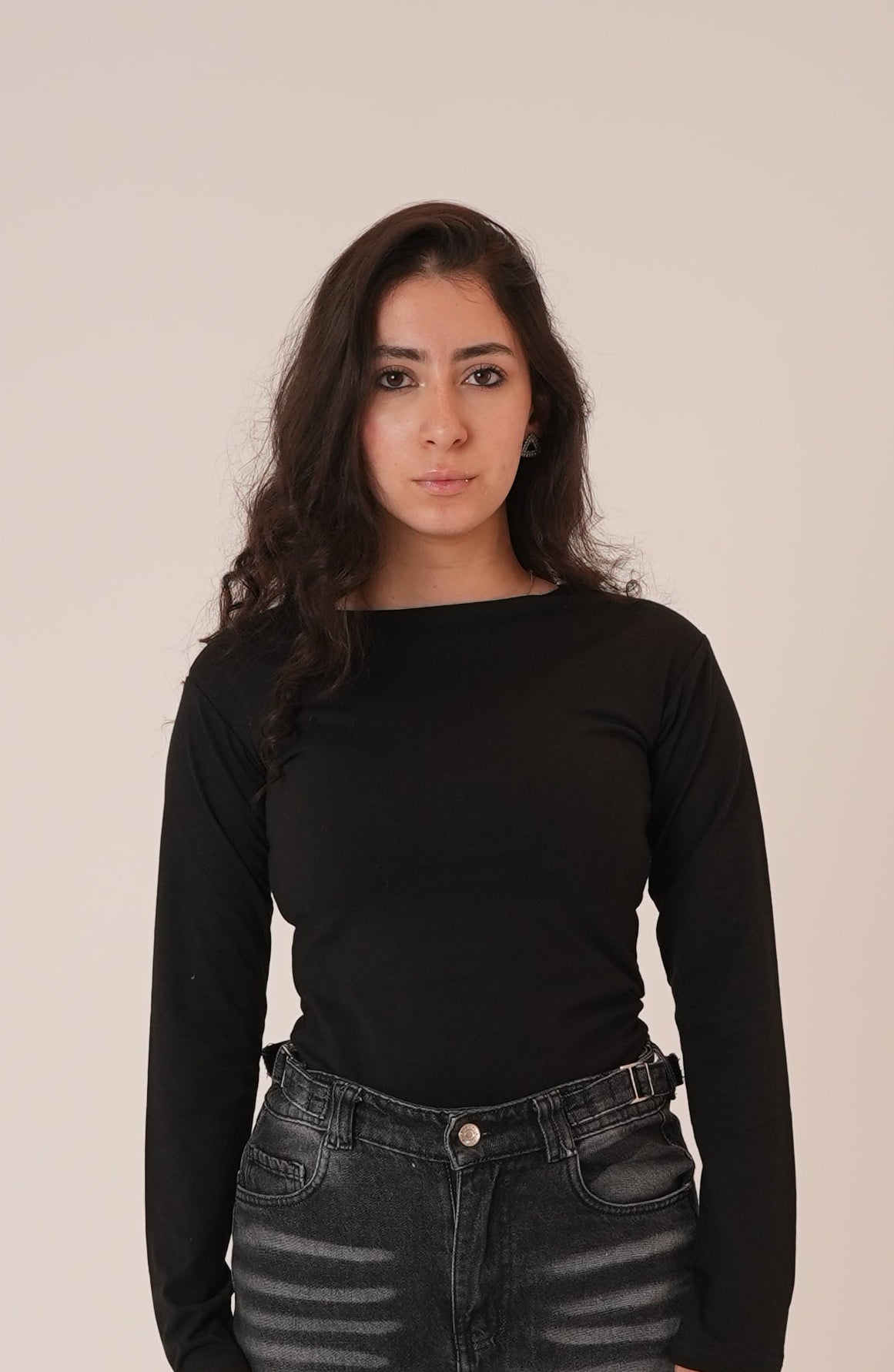 Cotton Black Round Neck Long Sleeve
